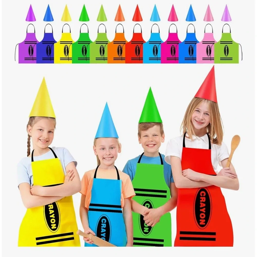 Crayon 12 Color Set Apron & Funny Gnome Cone Hats Group Costume Set Kids NEW!